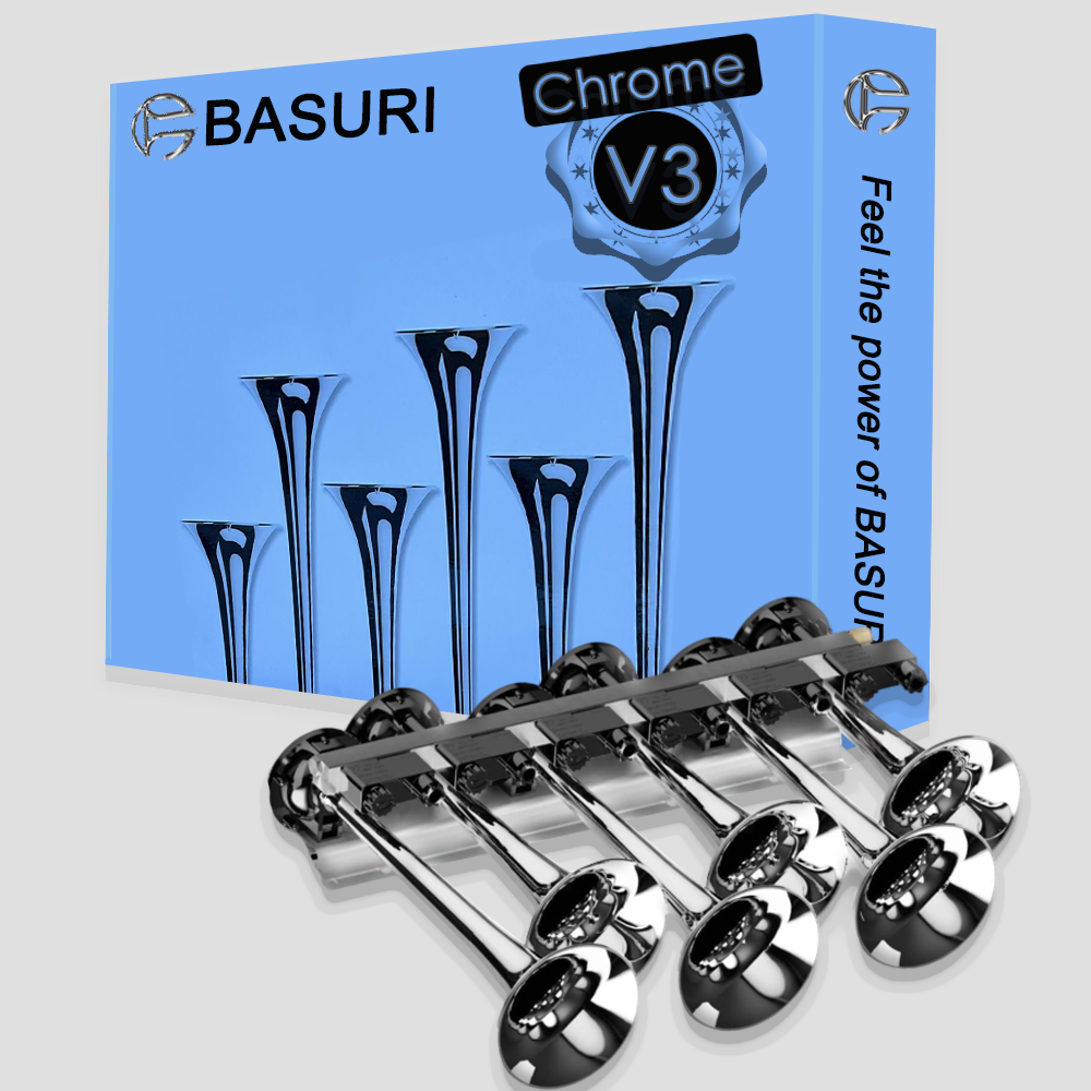 BASURI® 3.0 Edition | Air Horn 20 Sounds | Baby shark | Bus, Truck and Heavy Duty Vehicles (CHROME EDITION)